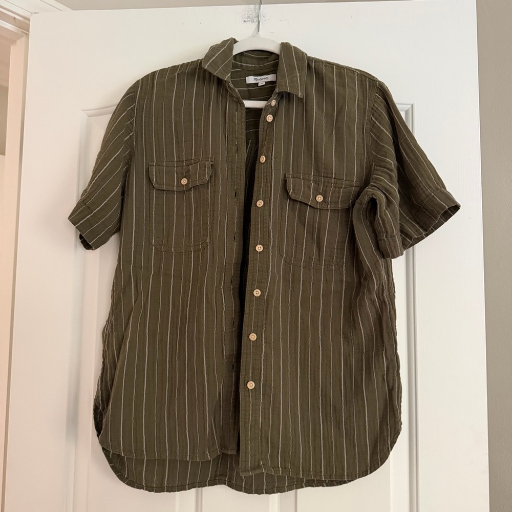 Madewell Olive Green Stripe Button Down short sleeve Shirt XS